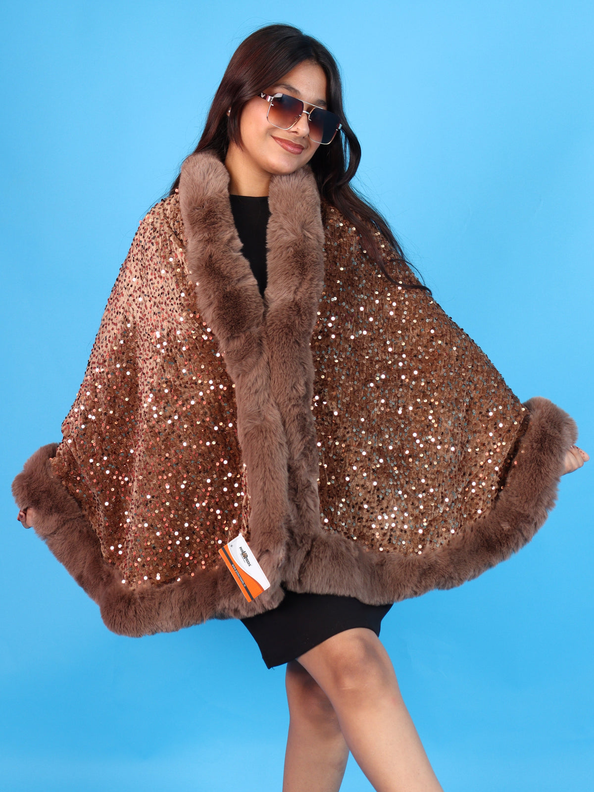 Pick Ur Needs Luxury Shrug for Women Sequin Outerwear with Soft Fur Collar Shawl Evening Wrap Poncho