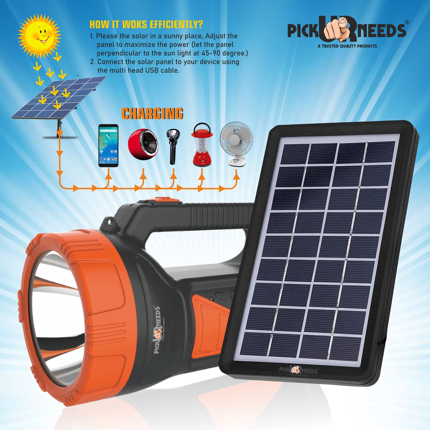 Pick Ur Needs 50W Solar Rechargeable Long Range Search Light + 2 Side Extra Bright Tube 6 hrs Torch Emergency Light
