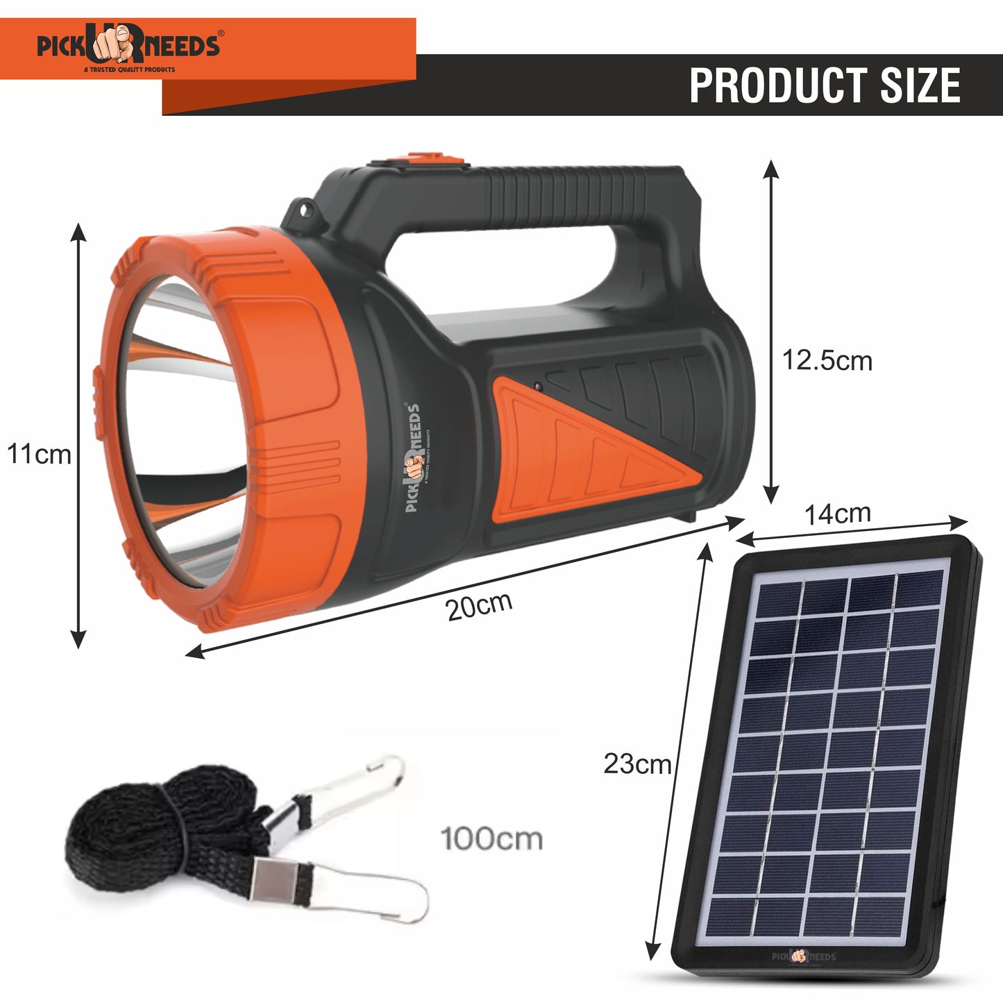 Pick Ur Needs 50W Solar Rechargeable Long Range Search Light + 2 Side Extra Bright Tube 6 hrs Torch Emergency Light