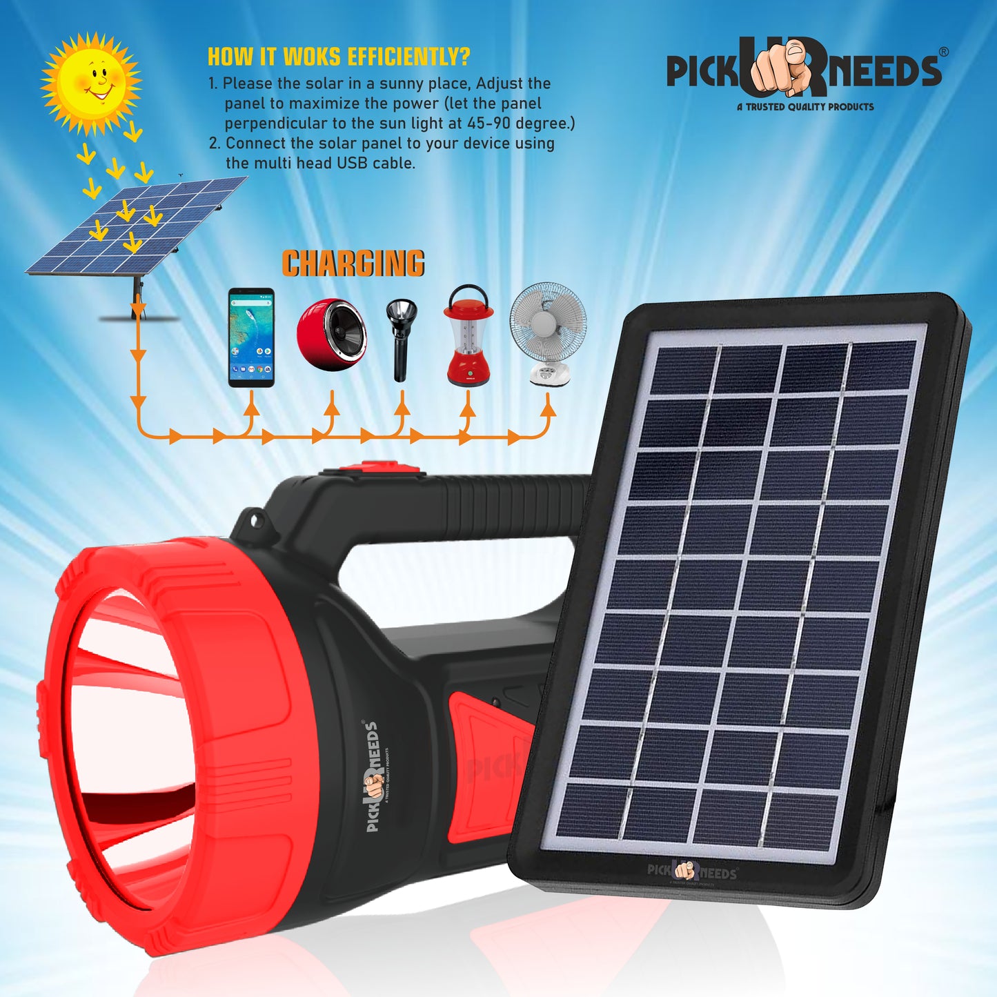 Pick Ur Needs 50W Solar Rechargeable Long Range Search Light + 2 Side Extra Bright Tube 6 hrs Torch Emergency Light