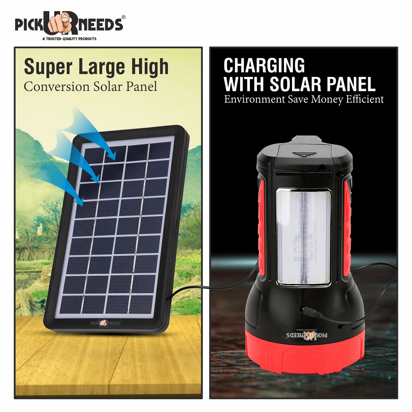 Pick Ur Needs 50W Solar Rechargeable Long Range Search Light + 2 Side Extra Bright Tube 6 hrs Torch Emergency Light