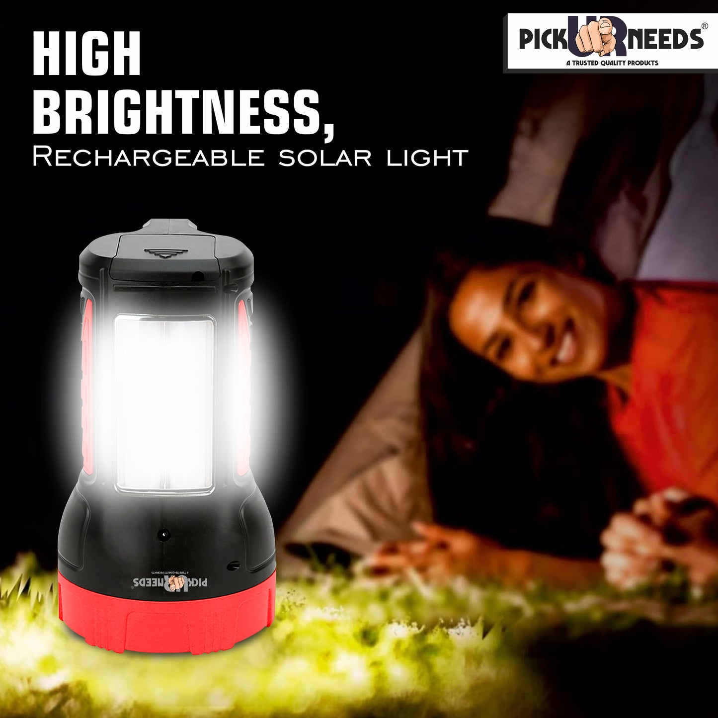 Pick Ur Needs 50W Solar Rechargeable Long Range Search Light + 2 Side Extra Bright Tube 6 hrs Torch Emergency Light