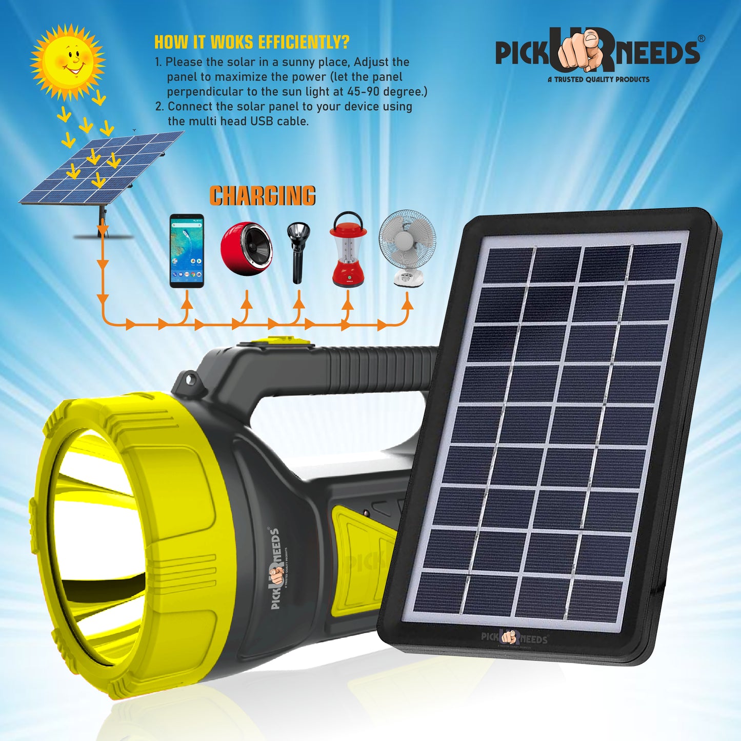 Pick Ur Needs 50W Solar Rechargeable Long Range Search Light + 2 Side Extra Bright Tube 6 hrs Torch Emergency Light