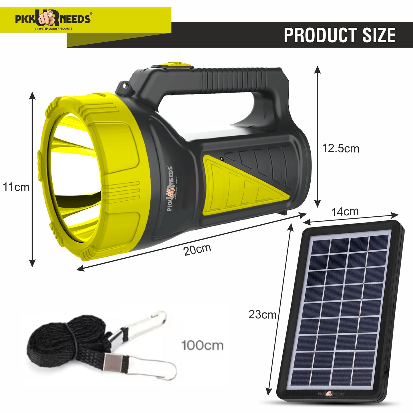 Pick Ur Needs 50W Solar Rechargeable Long Range Search Light + 2 Side Extra Bright Tube 6 hrs Torch Emergency Light