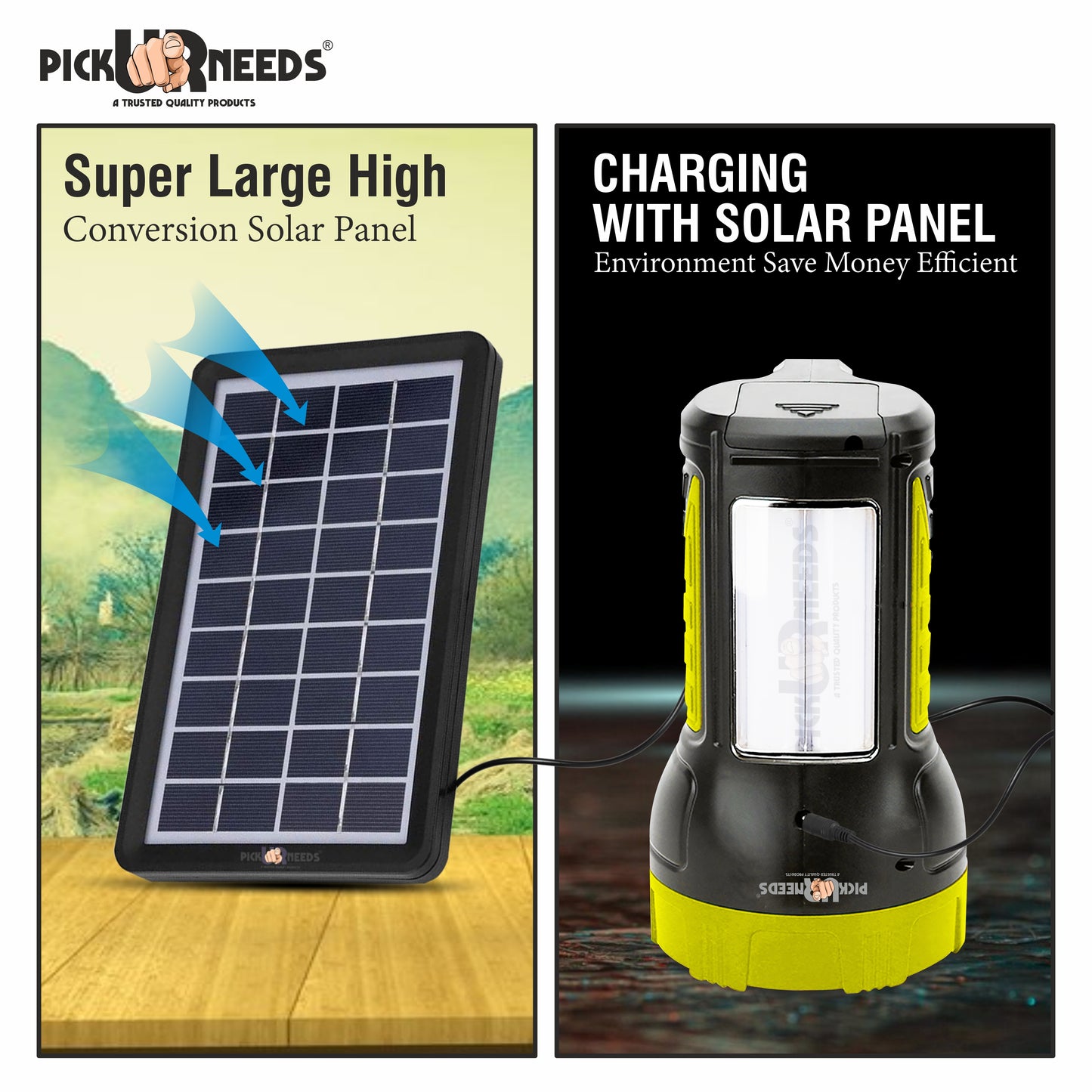 Pick Ur Needs 50W Solar Rechargeable Long Range Search Light + 2 Side Extra Bright Tube 6 hrs Torch Emergency Light