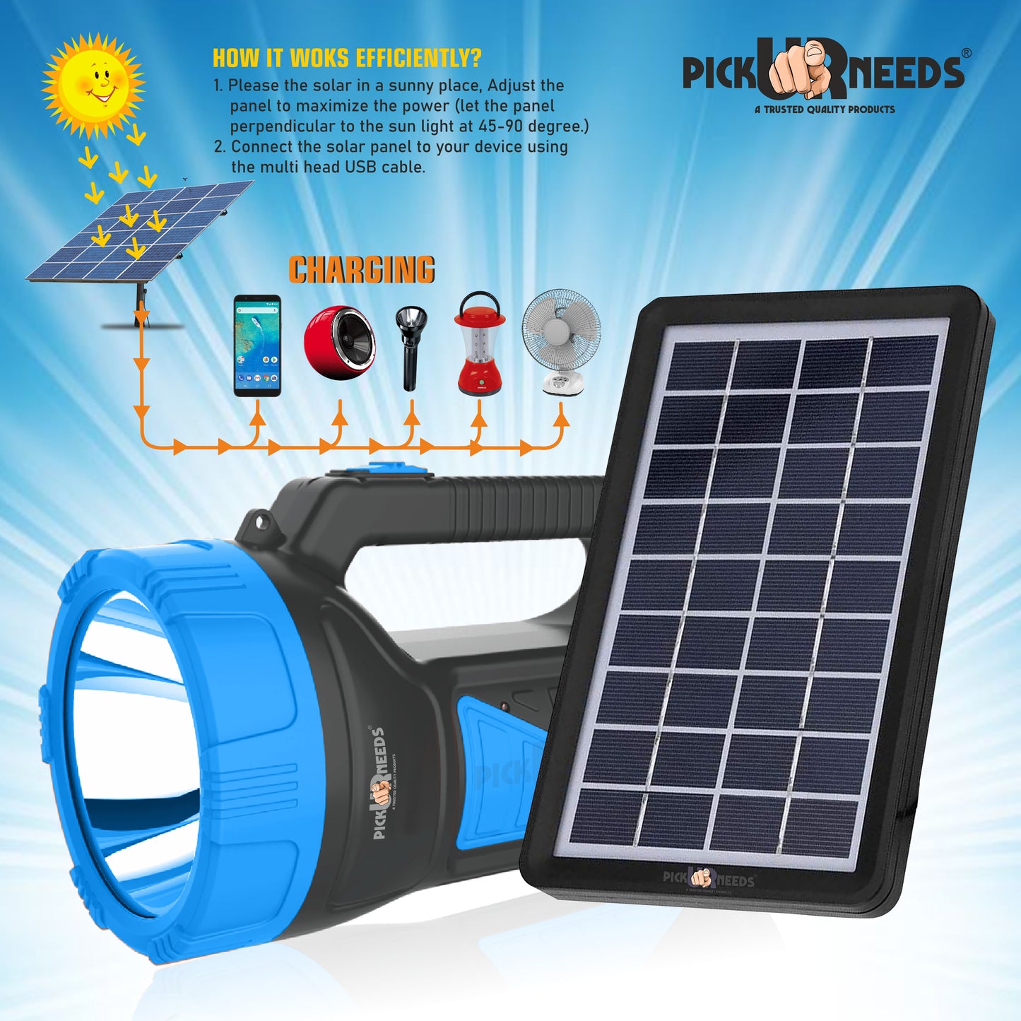 Pick Ur Needs 50W Solar Rechargeable Long Range Search Light + 2 Side Extra Bright Tube 6 hrs Torch Emergency Light