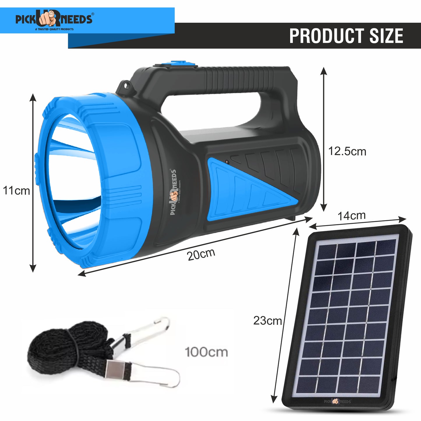 Pick Ur Needs 50W Solar Rechargeable Long Range Search Light + 2 Side Extra Bright Tube 6 hrs Torch Emergency Light