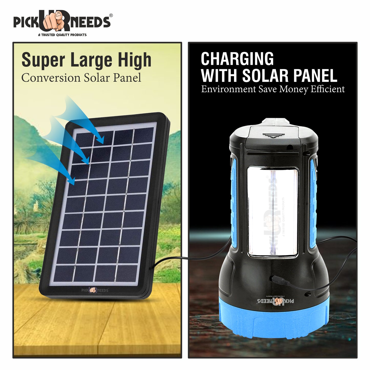 Pick Ur Needs 50W Solar Rechargeable Long Range Search Light + 2 Side Extra Bright Tube 6 hrs Torch Emergency Light