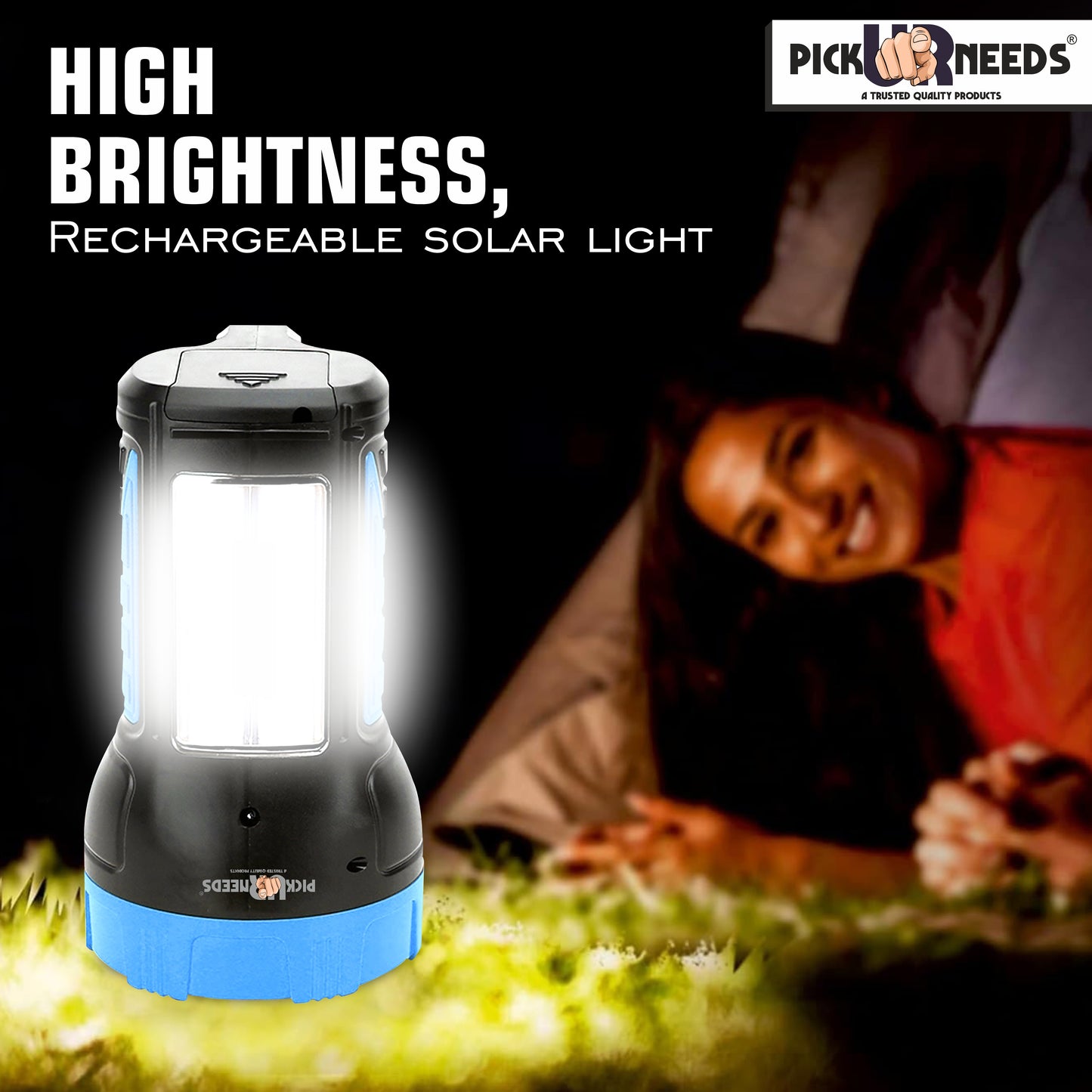 Pick Ur Needs 50W Solar Rechargeable Long Range Search Light + 2 Side Extra Bright Tube 6 hrs Torch Emergency Light