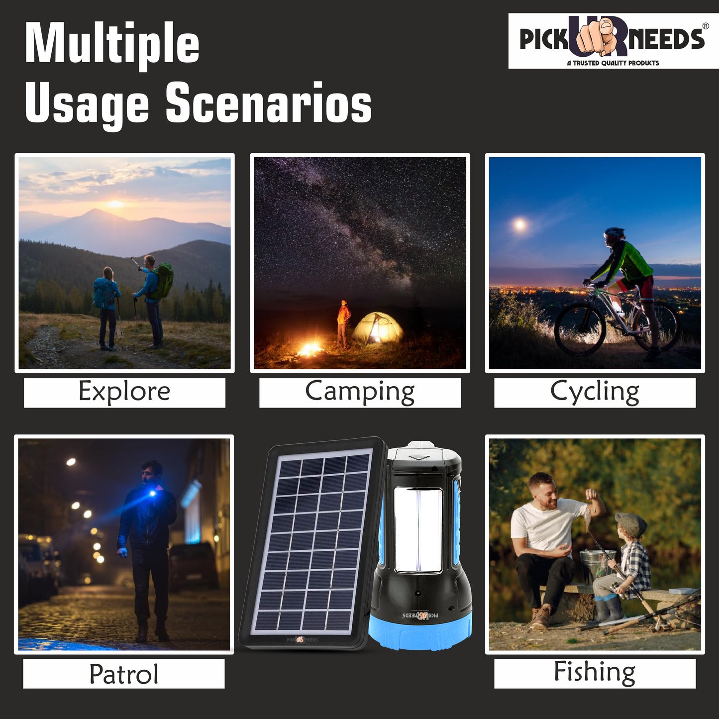 Pick Ur Needs 50W Solar Rechargeable Long Range Search Light + 2 Side Extra Bright Tube 6 hrs Torch Emergency Light