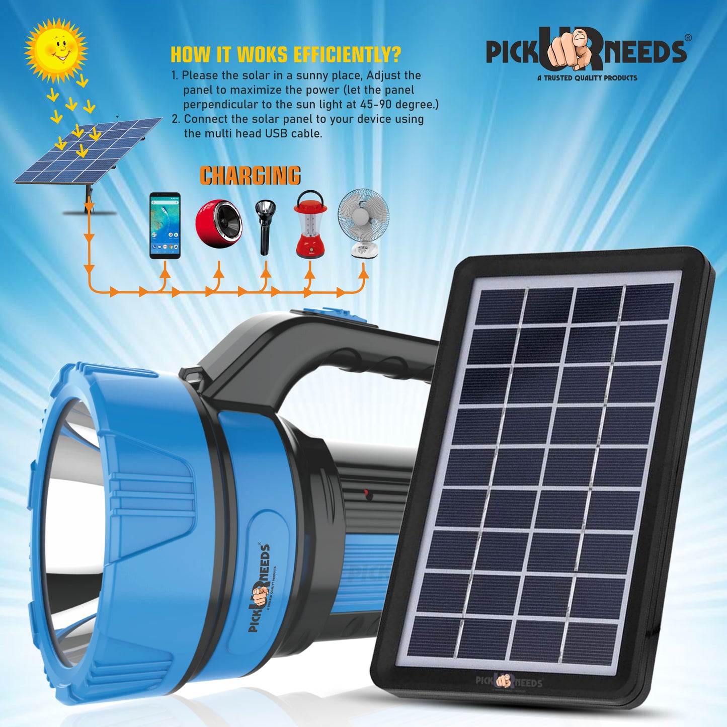 Pick Ur Needs 50W Solar Rechargeable Long Range Torch With 2 Side Emergency Tube Light 6 hrs Torch Emergency Light