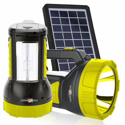 Pick Ur Needs Solar Rechargeable LED Torch Light with Lantern | Dual Light Modes (Low/High) | 4H Charging, 6H Backup | 2500mAh Battery | Portable Emergency Camping Light