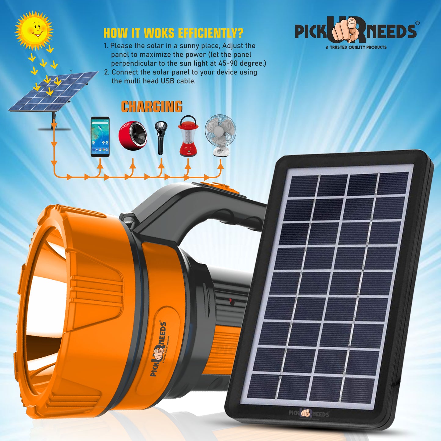 Pick Ur Needs 50W Solar Rechargeable Long Range Torch With 2 Side Emergency Tube Light 6 hrs Torch Emergency Light