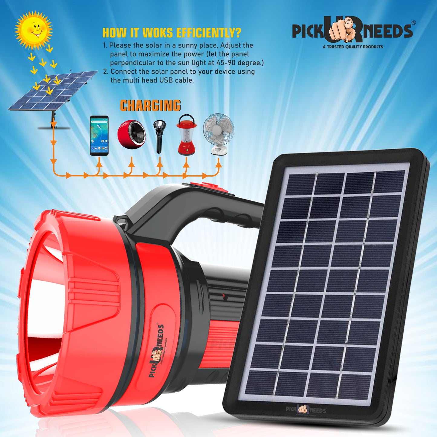 Pick Ur Needs 50W Solar Rechargeable Long Range Torch With 2 Side Emergency Tube Light 6 hrs Torch Emergency Light
