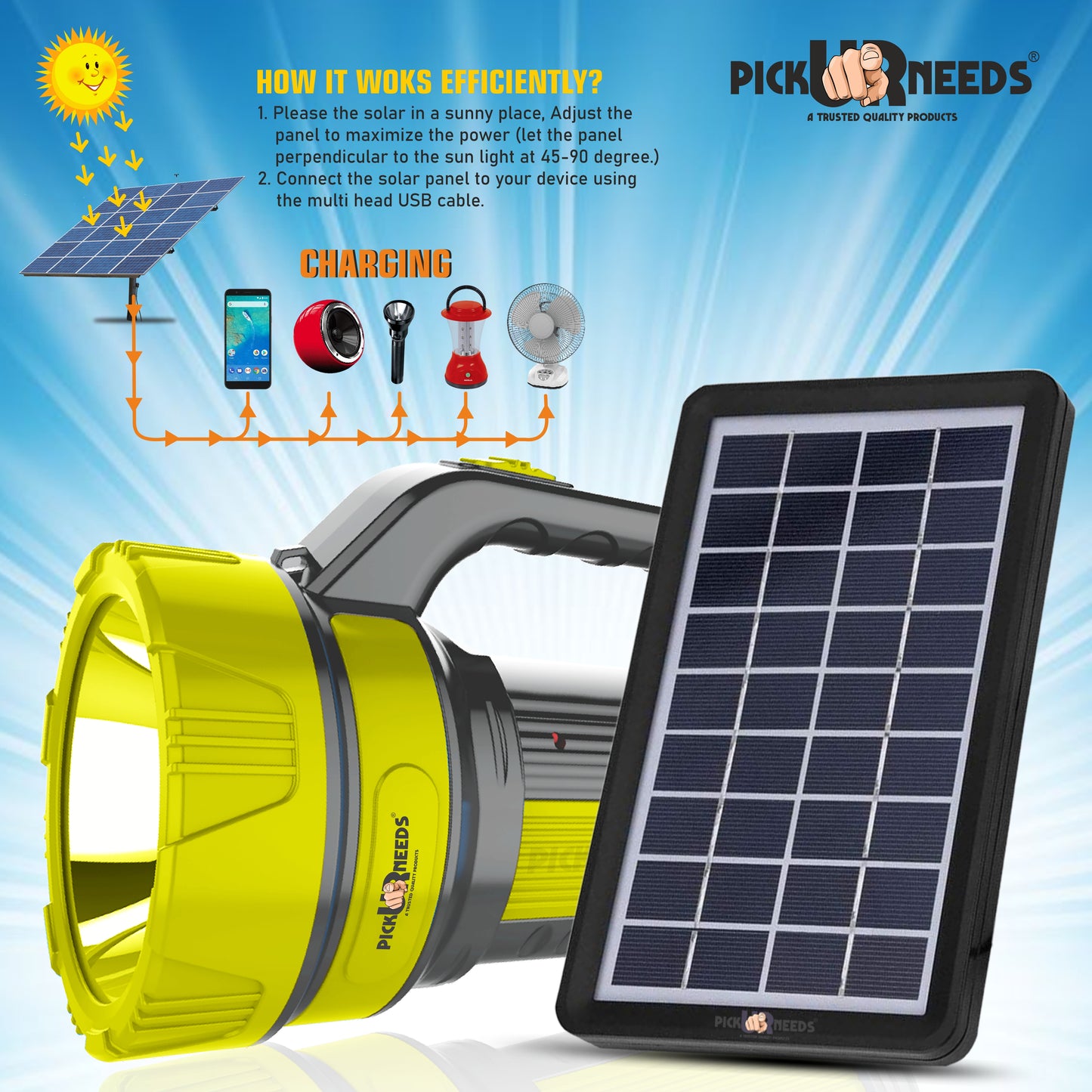 Pick Ur Needs 50W Solar Rechargeable Long Range Torch With 2 Side Emergency Tube Light 6 hrs Torch Emergency Light