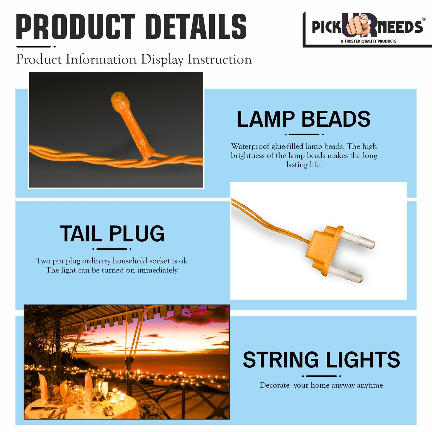 Pick Ur Needs 40 LEDs 15 m Orange Steady String Rice Lights