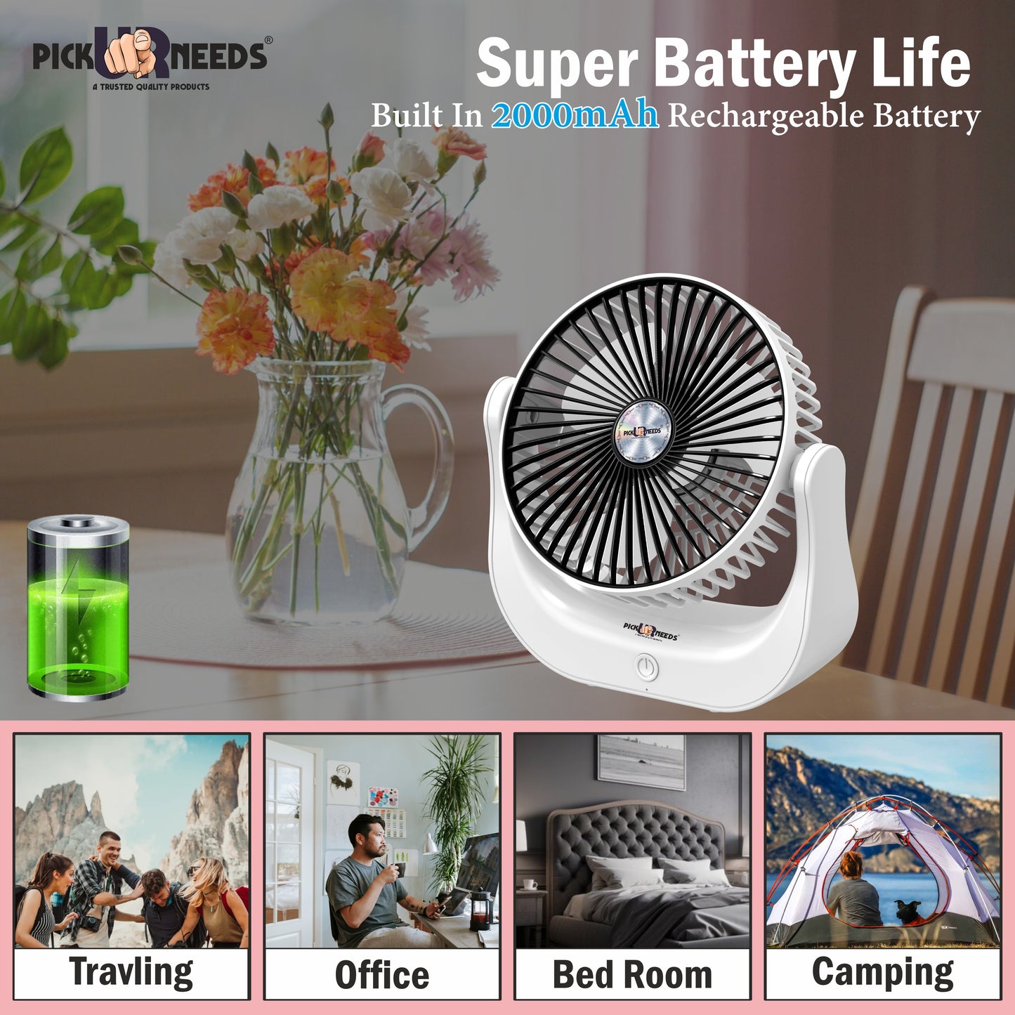 Pick Ur Needs Rechargeable Mini Table Fan 2000mAh Battery Type C Charging 180 Degree Moving 3 mm Energy Saving 3 Blade Table Fan