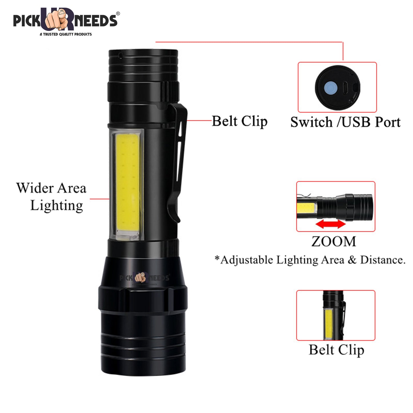 Pick Ur Needs 3 Mode Rechargeable Mini Emergency Flashlight With LED+COB Zoomable Torch Light