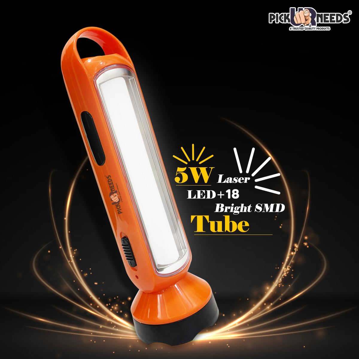 Pick Ur Needs Long Range LED Rechargeable Torch Lantern 5W +18 Bright SMD Tube 1600mAH Perfect Flashlight 20 hrs Torch Emergency Light  (Orange)