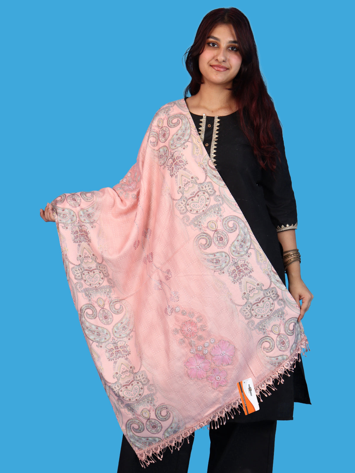 Pick Ur Needs Womens Designer Winter Elegant Floral Embellished Paisley Print Girls Shawl with Decorative Fringe Border