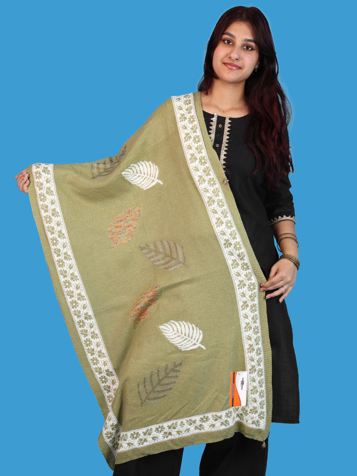 Pick Ur Needs Girls & Womens Winter Soft Lightweight Knitted Shawl with Leaf Design, Floral Border & Decorative Tassels