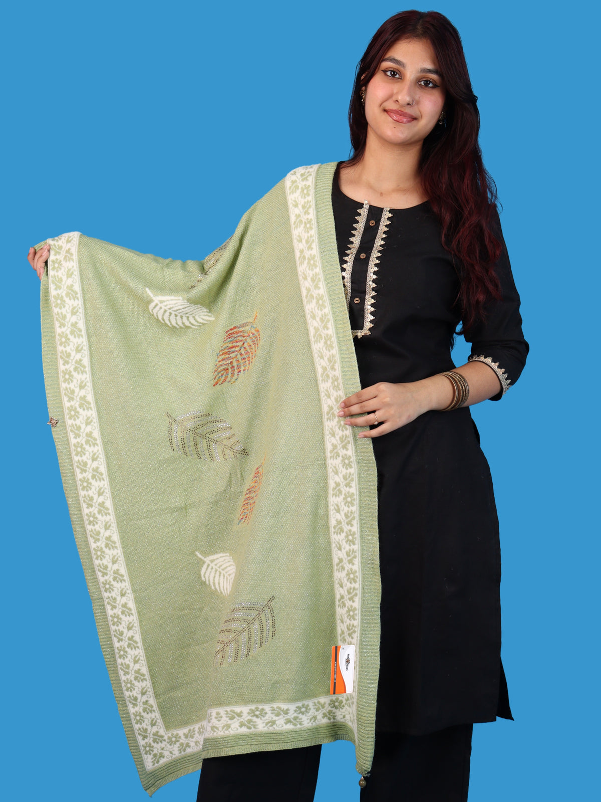 Pick Ur Needs Girls & Womens Winter Soft Lightweight Knitted Shawl with Leaf Design, Floral Border & Decorative Tassels