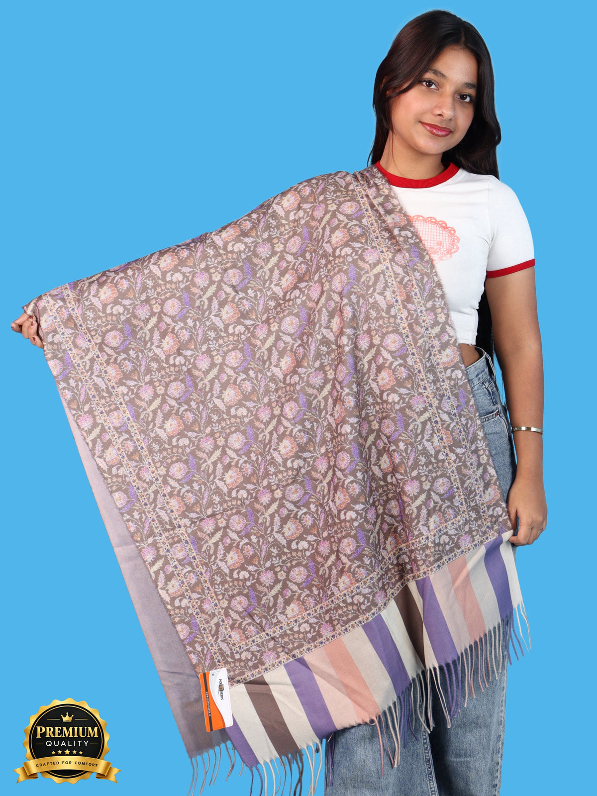 Pick Ur Needs Women & Girls Soft Woolen Shawl Elegant Floral Design Winter Neck Scarf with Decorative Border & Fringes