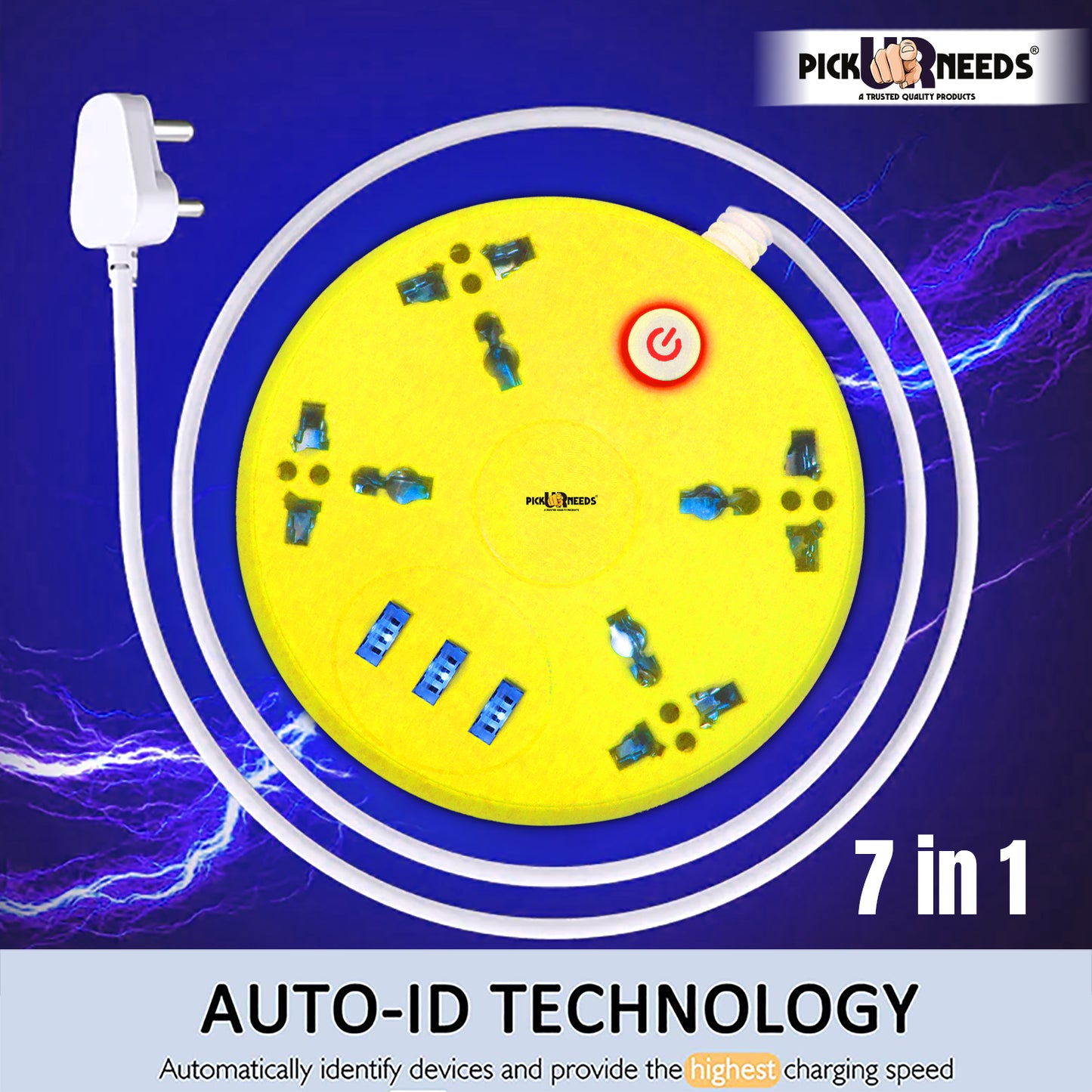 Pick Ur Needs Extension Cord Board with 3 USB Charging Ports and 4 Socket -10 Amp Heavy Duty for Multiple Devices Smartphone Tablet Laptop