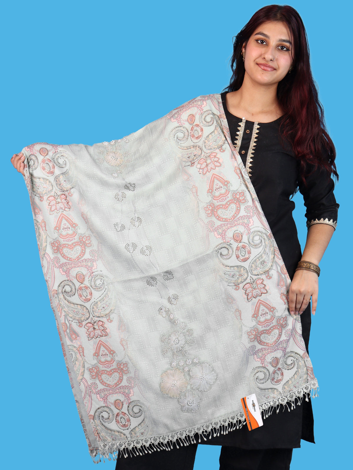 Pick Ur Needs Womens Designer Winter Elegant Floral Embellished Paisley Print Girls Shawl with Decorative Fringe Border