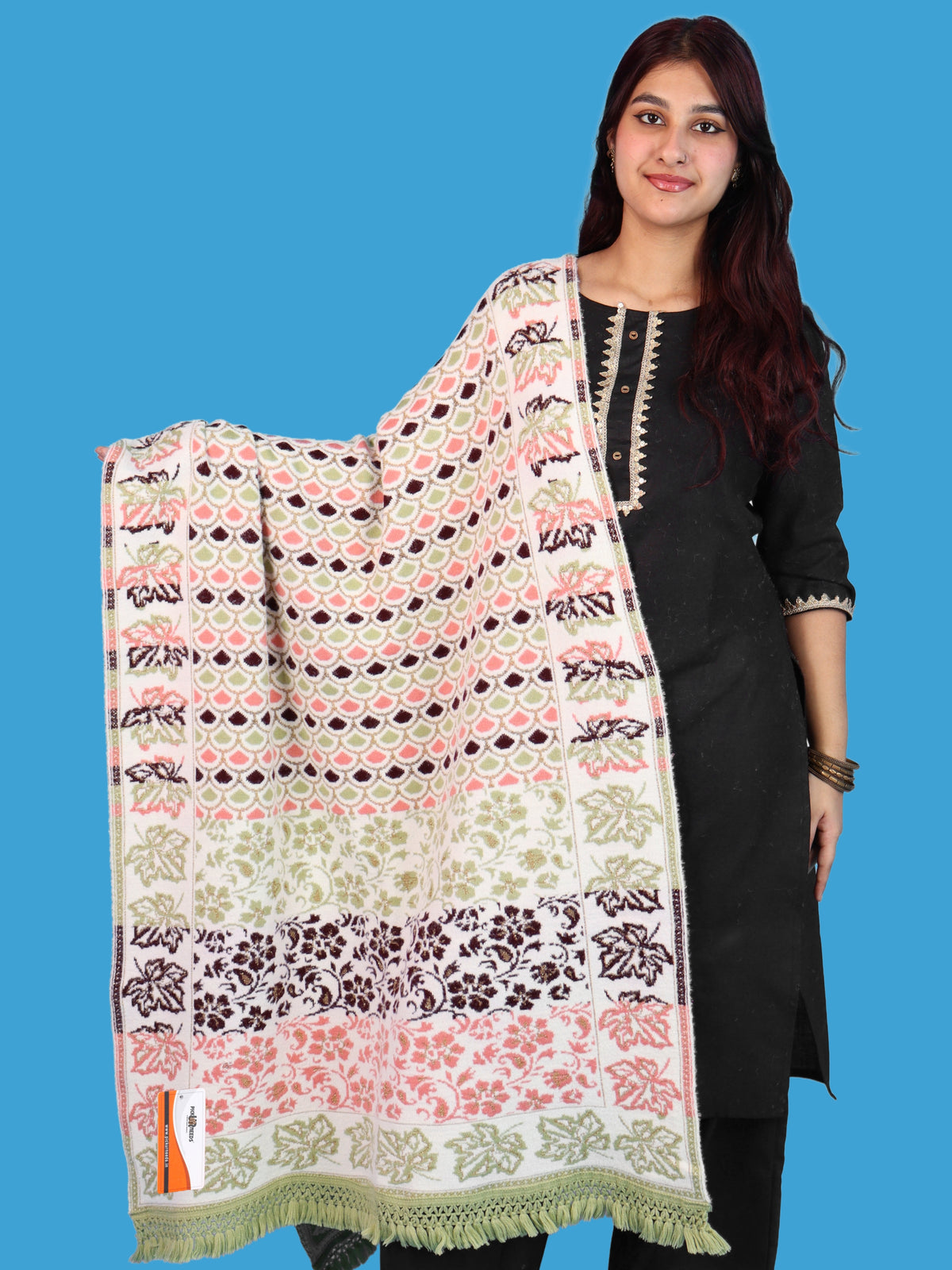 Pick Ur Needs Womens & Girls Winter Premium Shawl Floral Patterned Wool Blend Wrap with Decorative Border & Fringe Finish