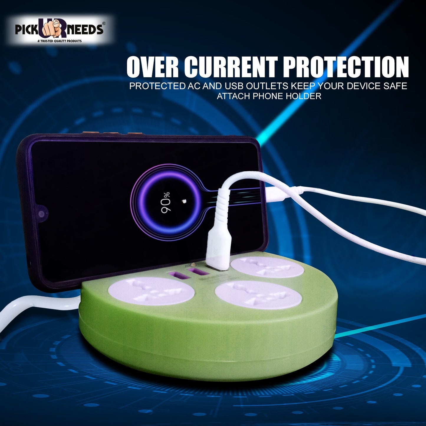 Pick Ur Needs Extension Cord Board with 3 USB Charging Ports and 3 Socket -10 Amp Heavy Duty for Multiple Devices Smartphone Tablet Laptop