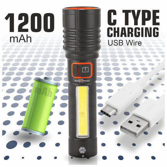 Pick Ur Needs Rechargeable 100W Aluminium Body Home Emergency Mini Search Torch Light Zoomable with 3 Mode + Side COB with 2 Mode 1200mAH Battery