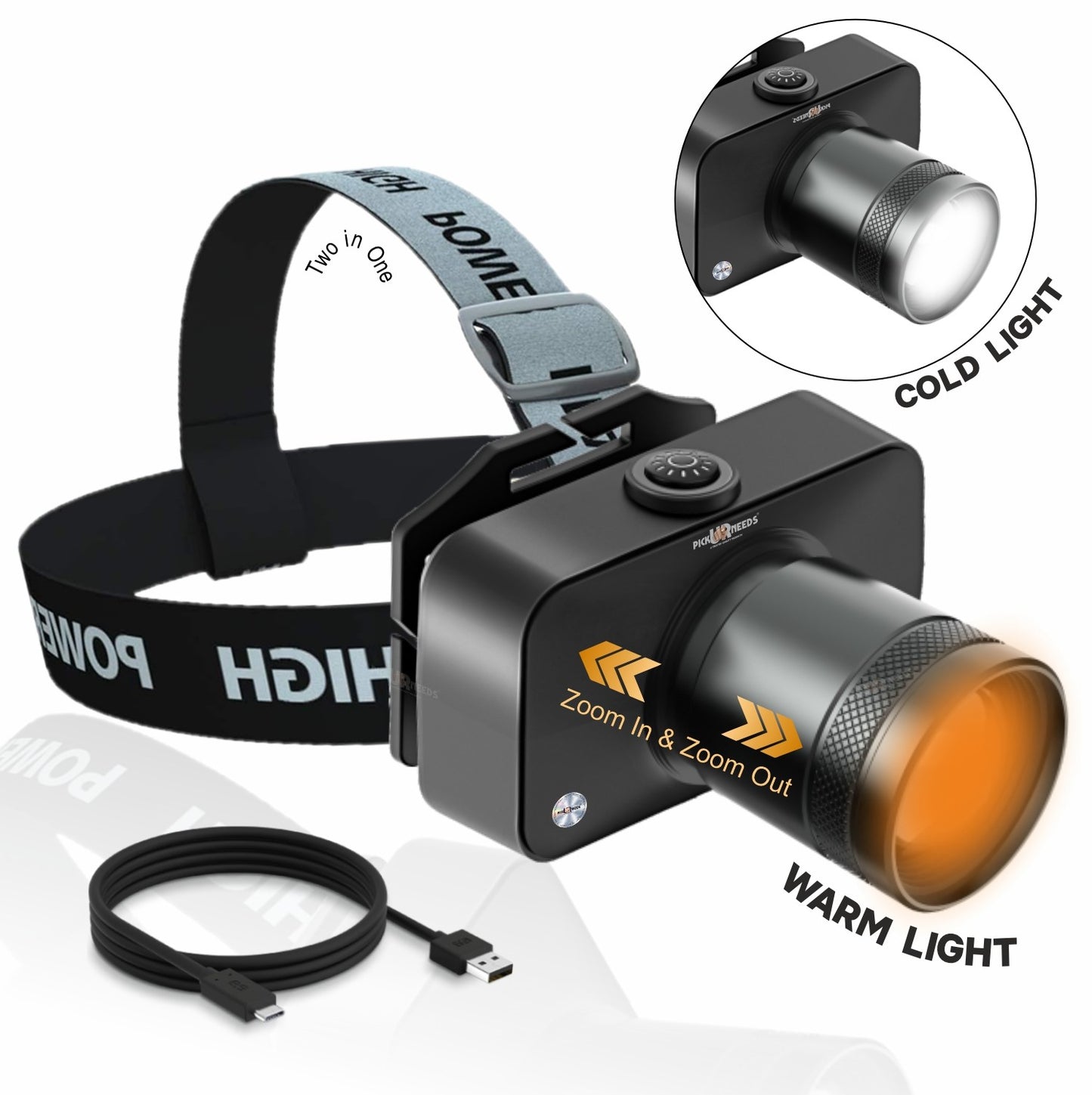 Pick Ur Needs 2 in 1 200W Rechargeable Headlamp – Ultra Bright LED -Zoom, 3 Modes, Metal Body 6 hrs Lantern Emergency Light (Black)