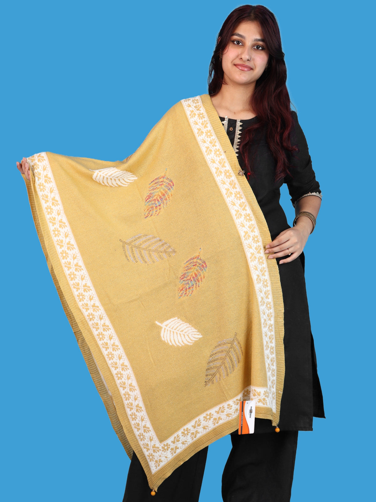 Pick Ur Needs Girls & Womens Winter Soft Lightweight Knitted Shawl with Leaf Design, Floral Border & Decorative Tassels