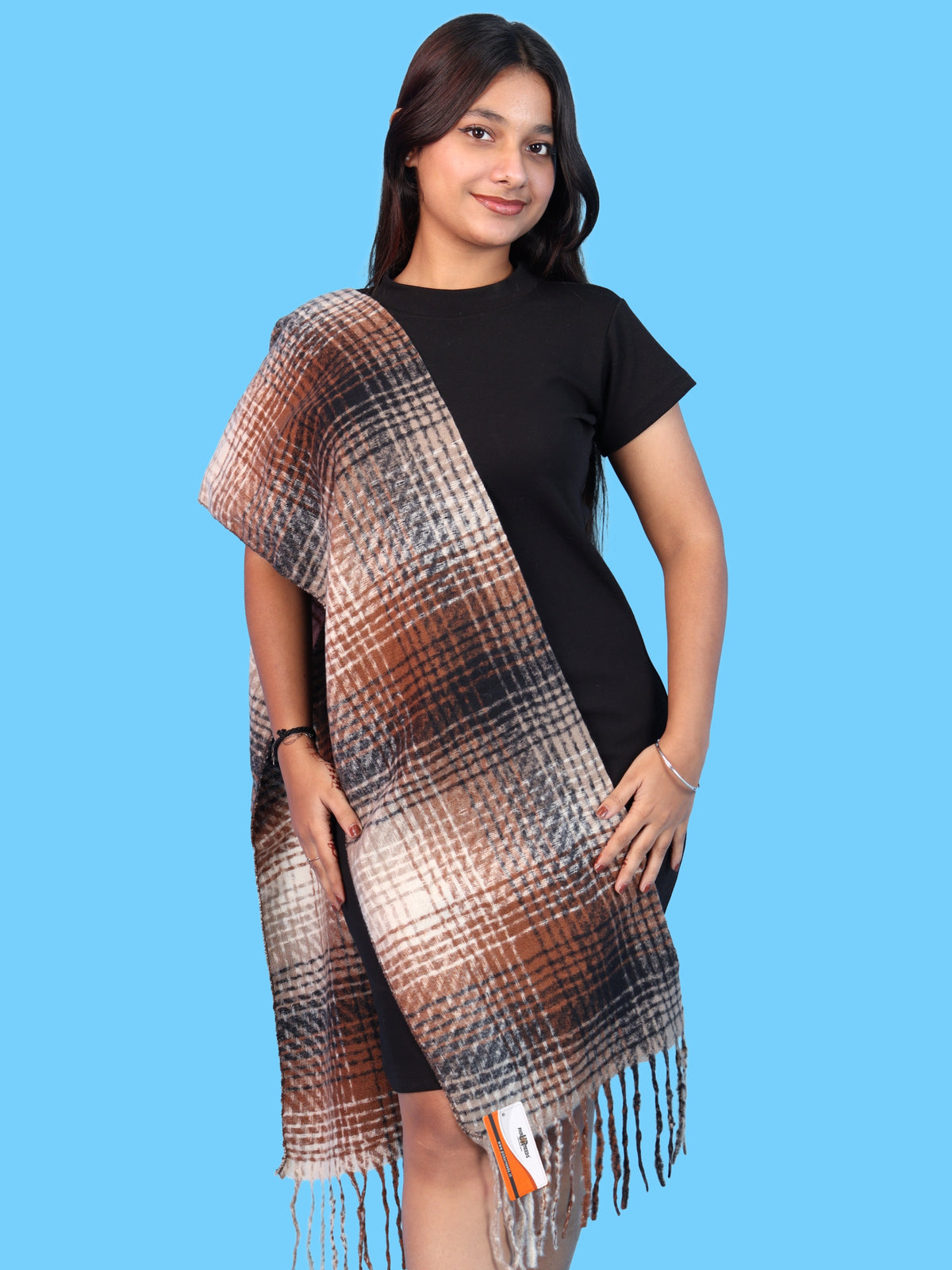 Pick Ur Needs Soft Woolen Girl's Muffler Scarf with Elegant Check Pattern,Warm & Cozy Winter Neck Wrap, Stylish Fringed Stole for Women & Girls