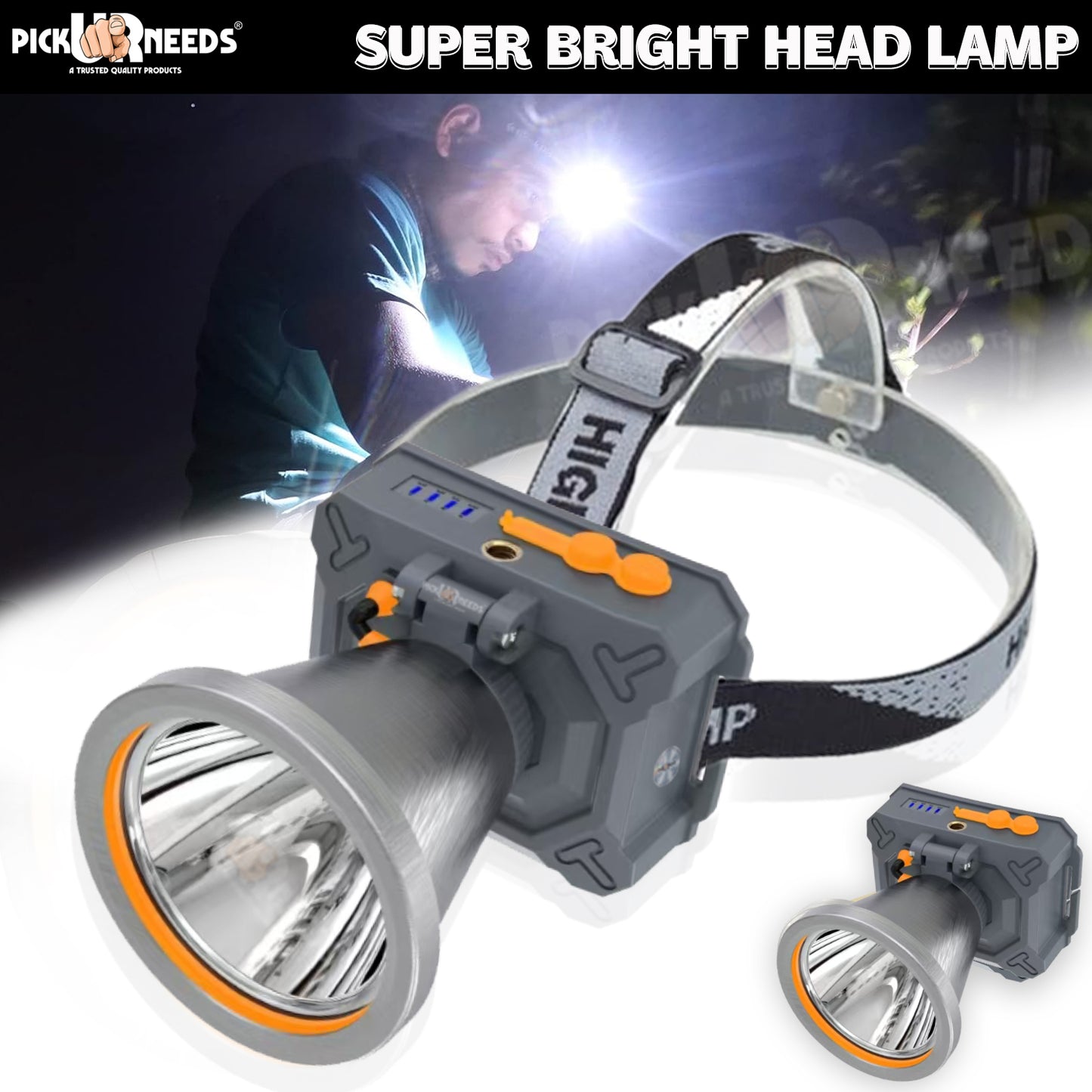 Pick Ur Needs Chargeable Head Lamp 3 Blink Mode Aluminum Body 4000mAh Battery 200W Bright LED 5 hrs Torch Emergency Light