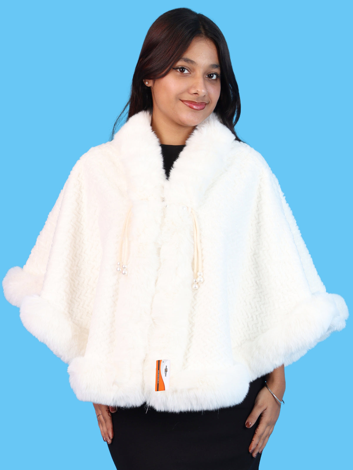 Pick Ur Needs Ladies Winter Shrug with Plush Fur Style Border & Pearl Bead Accents Textured Soft Fabric Open Front Cape Poncho with Wide Sleeves for Girls & Women