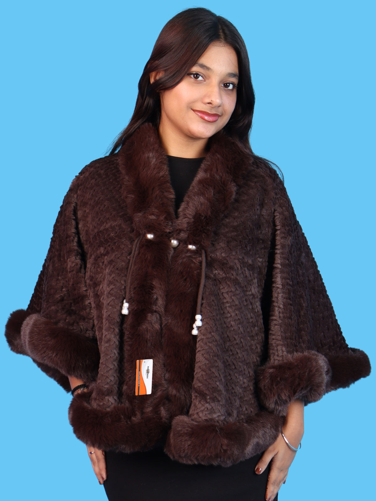 Pick Ur Needs Ladies Winter Shrug with Plush Fur Style Border & Pearl Bead Accents Textured Soft Fabric Open Front Cape Poncho with Wide Sleeves for Girls & Women