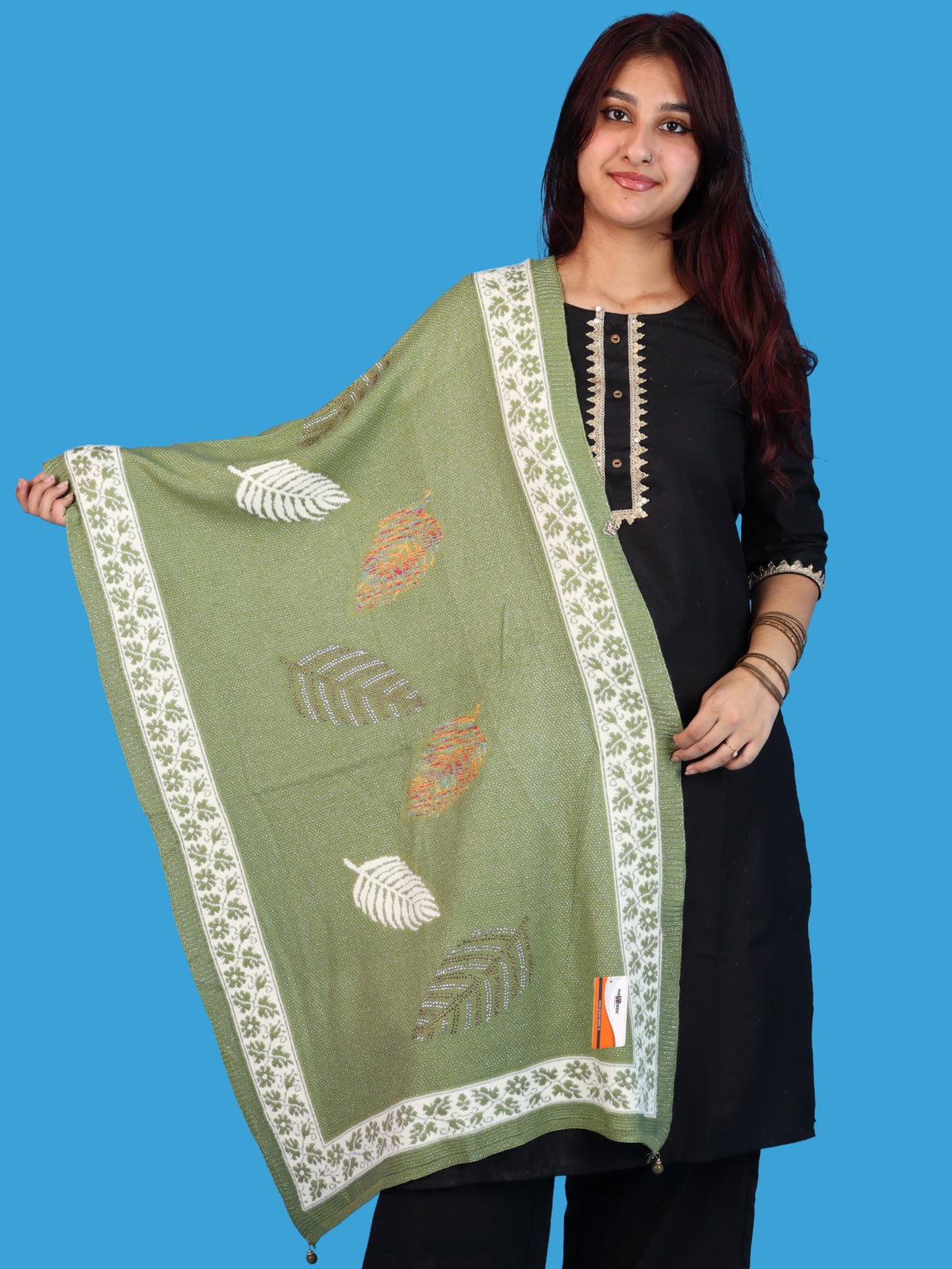 Pick Ur Needs Girls & Womens Winter Soft Lightweight Knitted Shawl with Leaf Design, Floral Border & Decorative Tassels