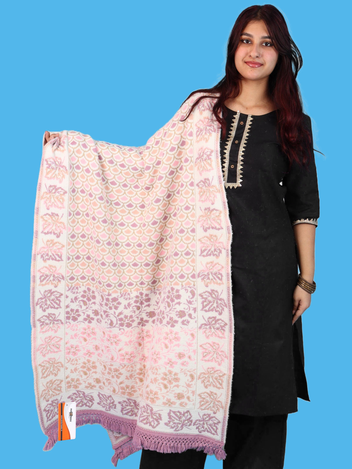 Pick Ur Needs Womens & Girls Winter Premium Shawl Floral Patterned Wool Blend Wrap with Decorative Border & Fringe Finish