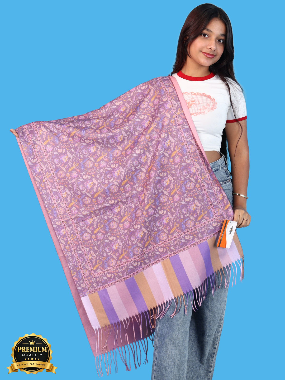 Pick Ur Needs Women & Girls Soft Woolen Shawl Elegant Floral Design Winter Neck Scarf with Decorative Border & Fringes