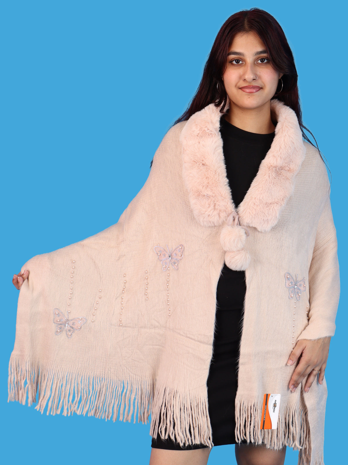 Pick Ur Needs Womens Faux Fur Collar Shrug with Pom Pom Tie Shawl Elegant Fringed Winter Wrap for Women & Girls