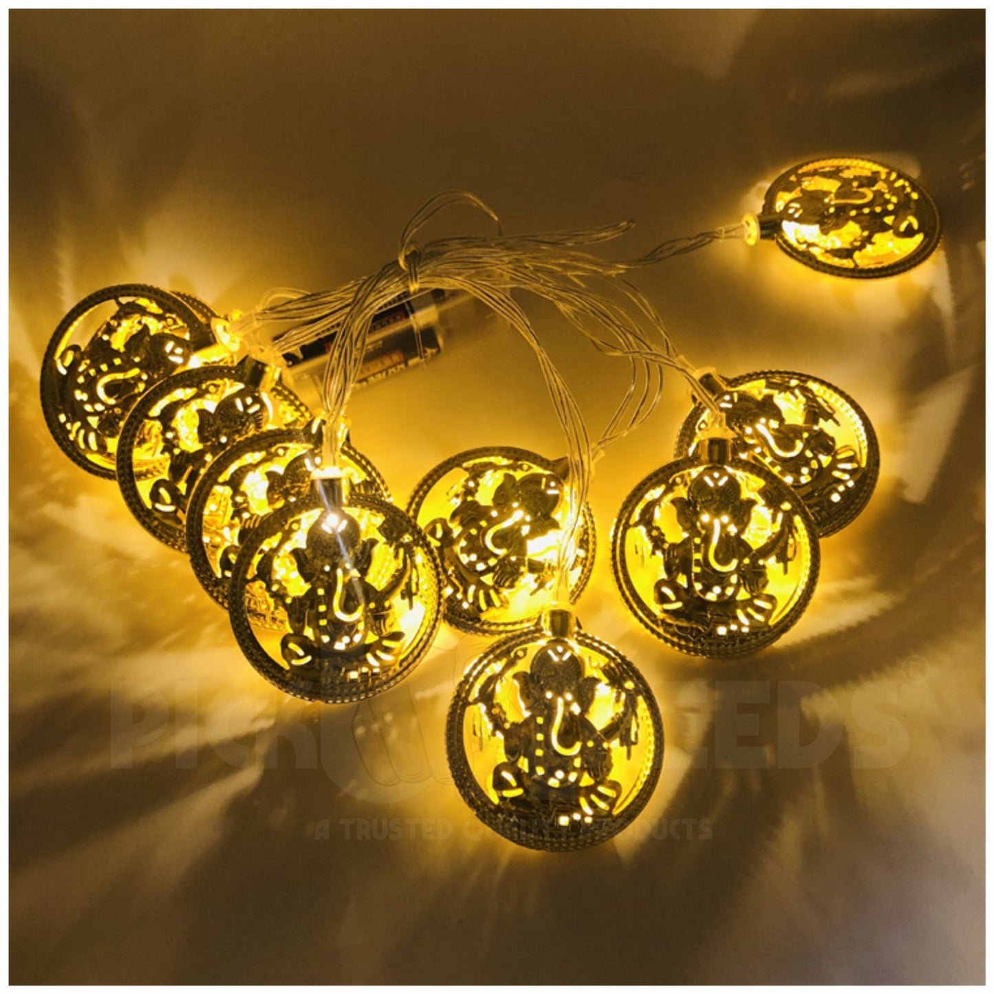 Pick Ur Needs Ganesh Ji Diwali String Metal Hanging Lights, Warm White Round 3D Curtain Lights for Window, Wall, Door, Party, Festival Décor, Home Office Decoration