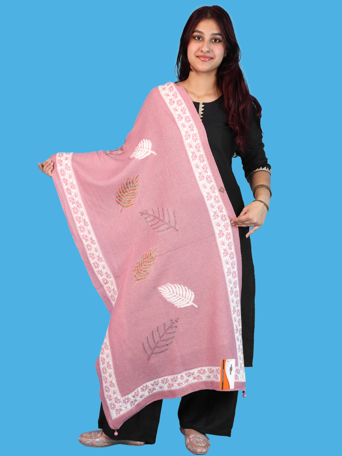 Pick Ur Needs Girls & Womens Winter Soft Lightweight Knitted Shawl with Leaf Design, Floral Border & Decorative Tassels