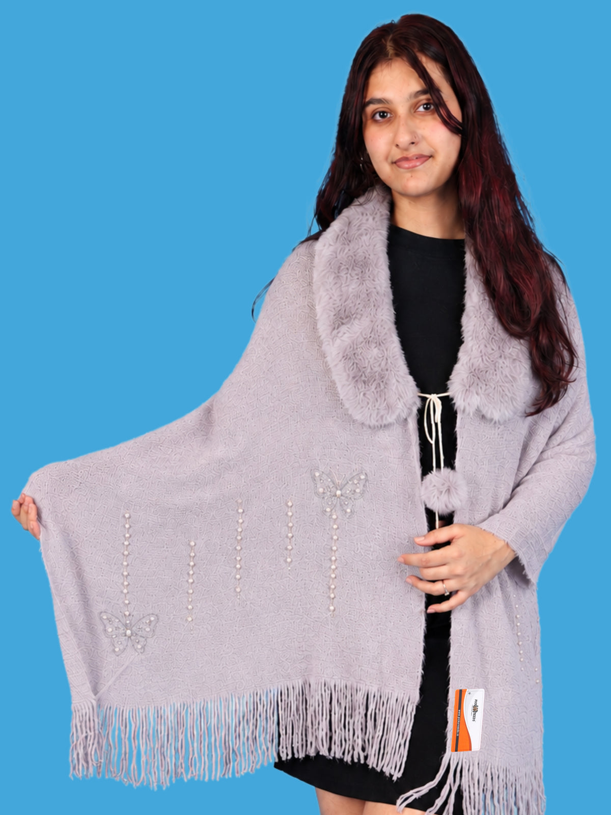 Pick Ur Needs Womens Faux Fur Collar Shrug with Pom Pom Tie Shawl Elegant Fringed Winter Wrap for Women & Girls
