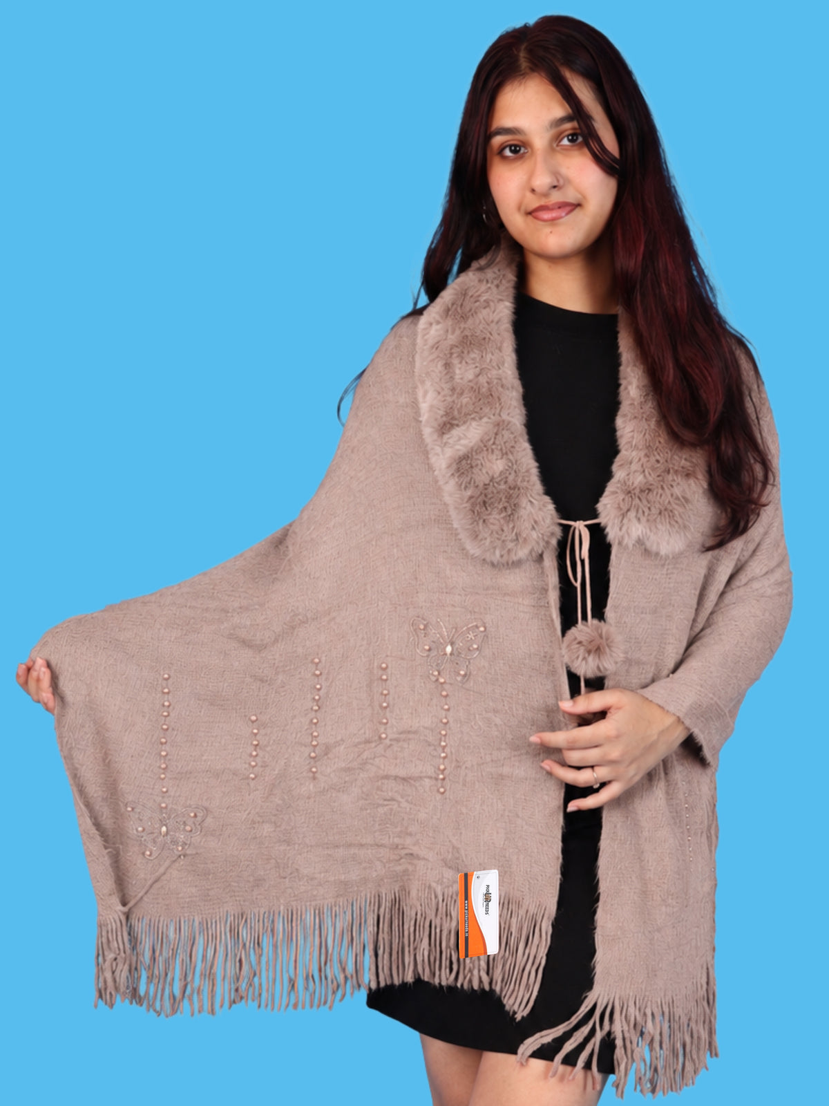 Pick Ur Needs Womens Faux Fur Collar Shrug with Pom Pom Tie Shawl Elegant Fringed Winter Wrap for Women & Girls