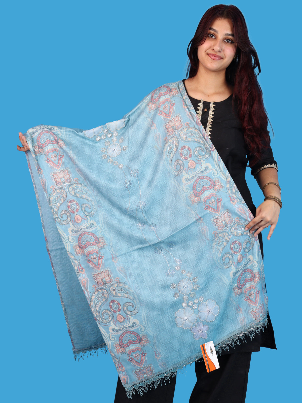 Pick Ur Needs Womens Designer Winter Elegant Floral Embellished Paisley Print Girls Shawl with Decorative Fringe Border