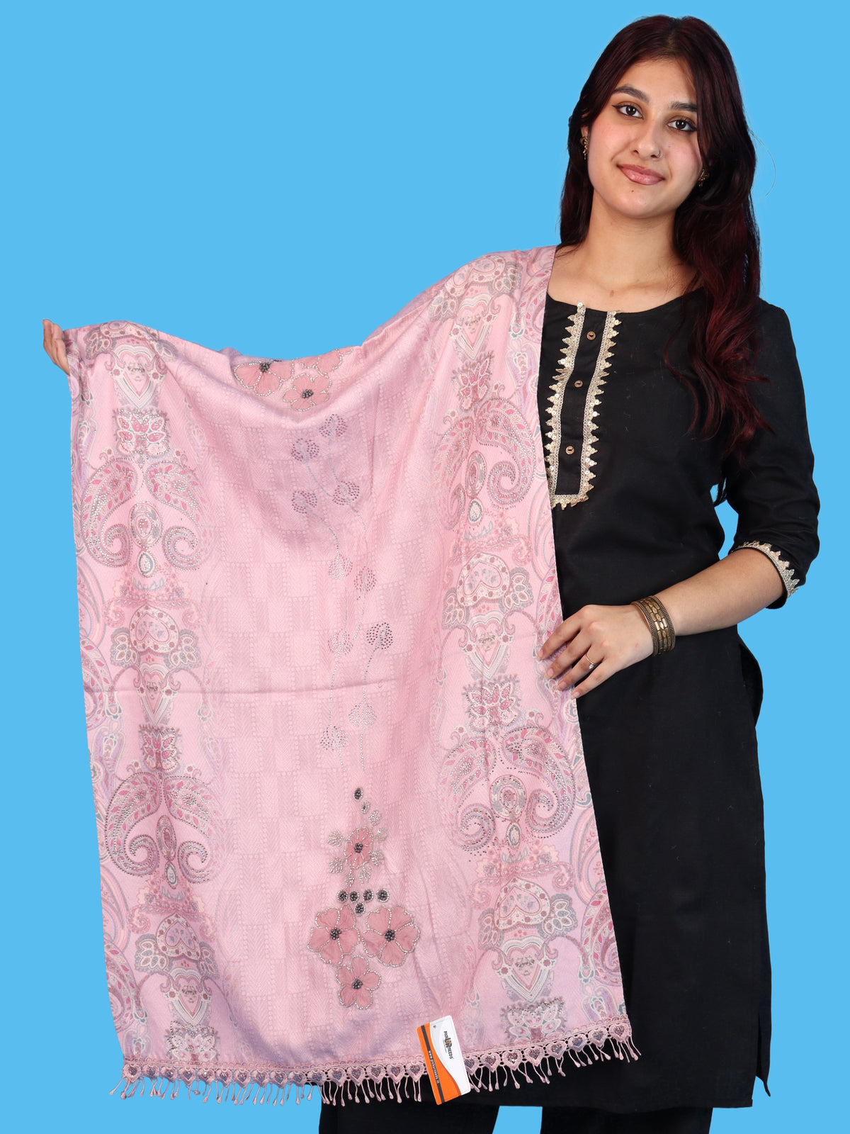 Pick Ur Needs Womens Designer Winter Elegant Floral Embellished Paisley Print Girls Shawl with Decorative Fringe Border