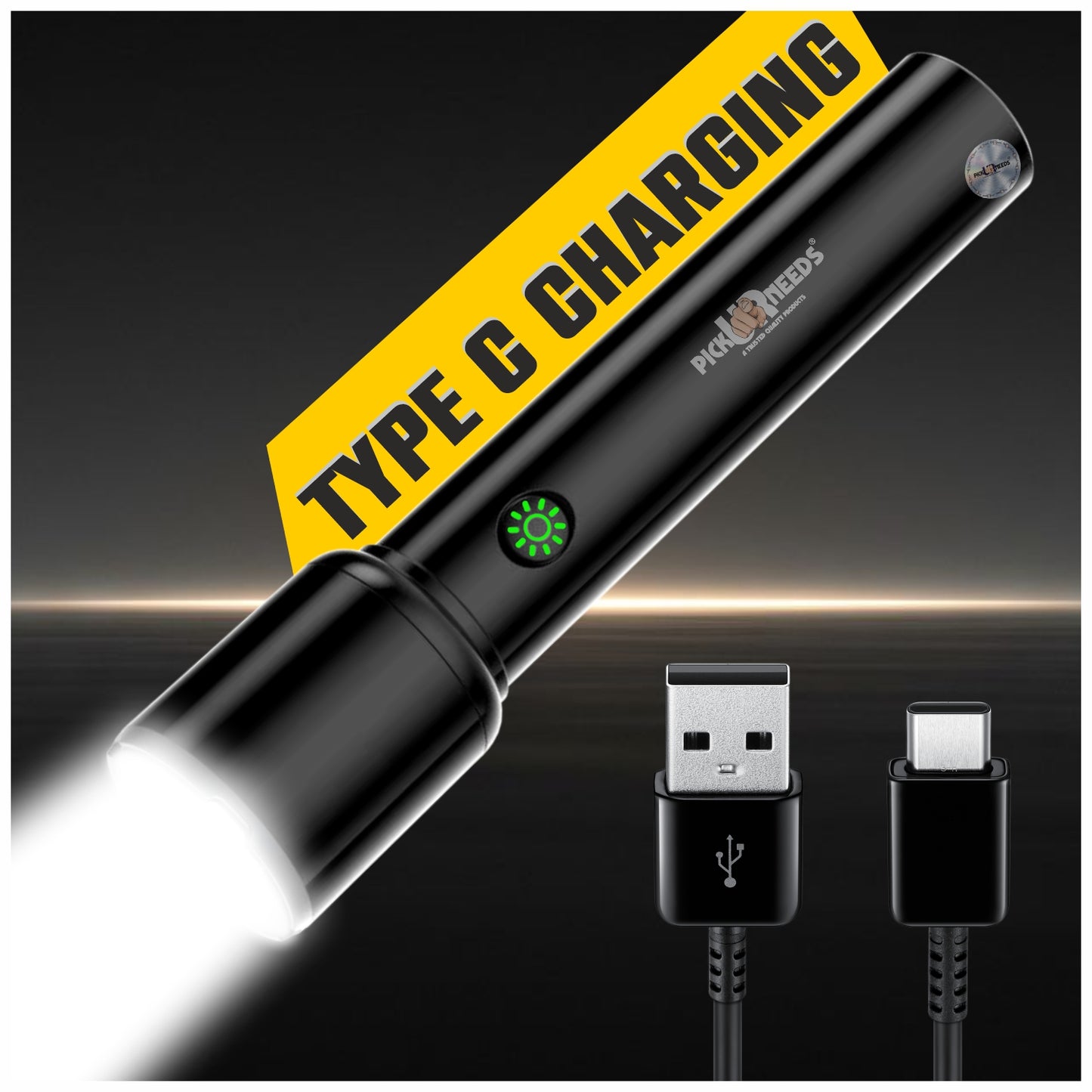 Pick Ur Needs 50W High Brightness Rechargeable Torch Adjustable Focus 3 Mode LED Flashlight 5 hrs Torch Emergency Light (Black)