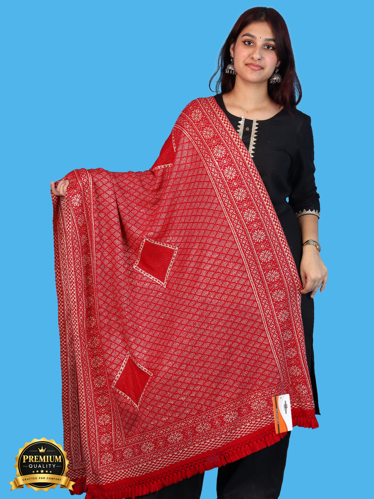 Pick Ur Needs Women & Girls Designer Shawl Stole with Elegant Woven Floral & Geometric Pattern, Soft Warm Winter Wrap with Fringed Border, Stylish Shoulder Scarf for Ladies